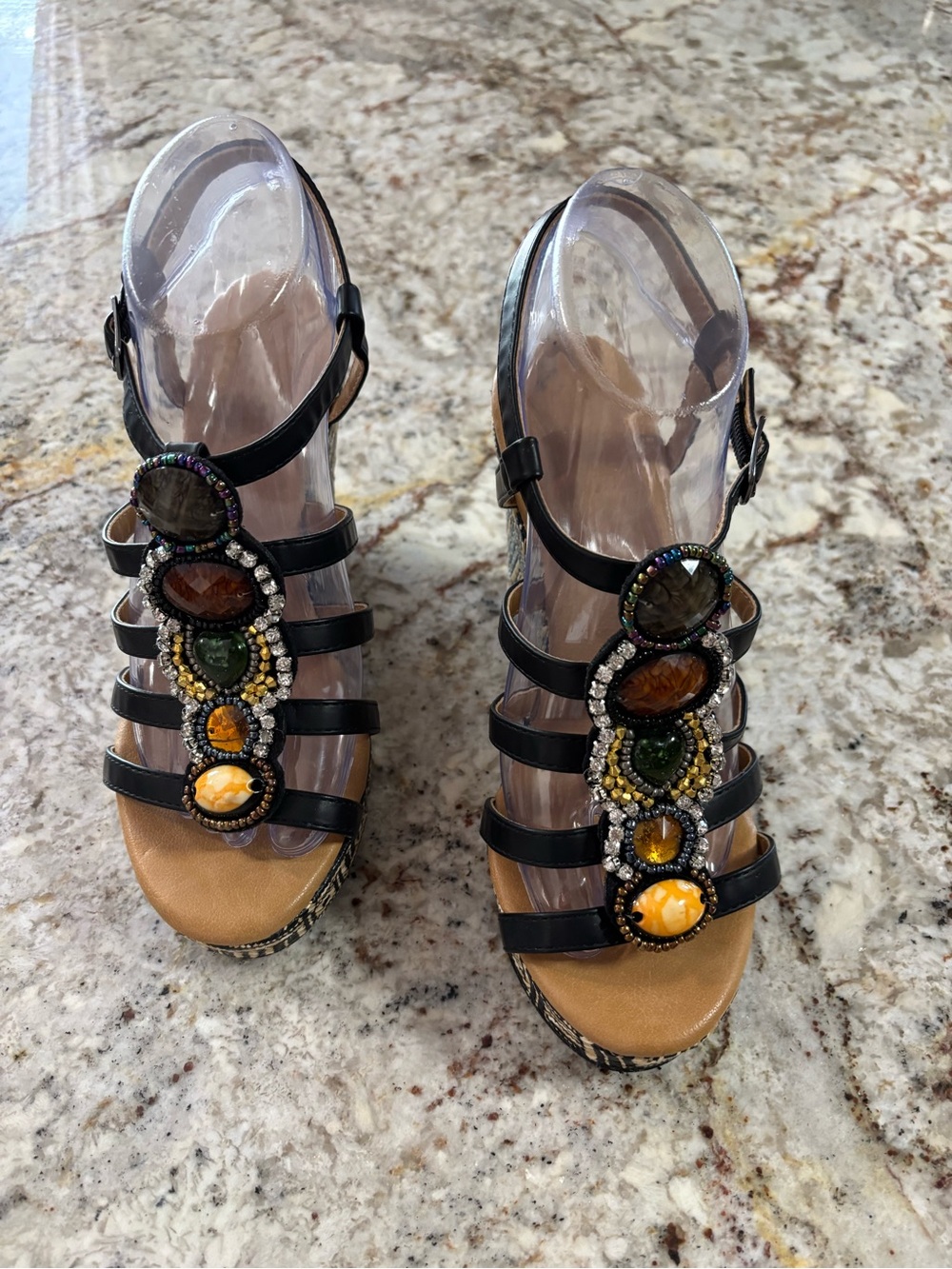 Mojo Moxy Black Strappy Wedge Sandals with Multicolor Gem Accents